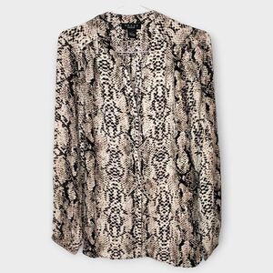 Grace Womens Blouse Sz XL Brown Black Animal Print ‎ Chiffon Long Sleeves Top